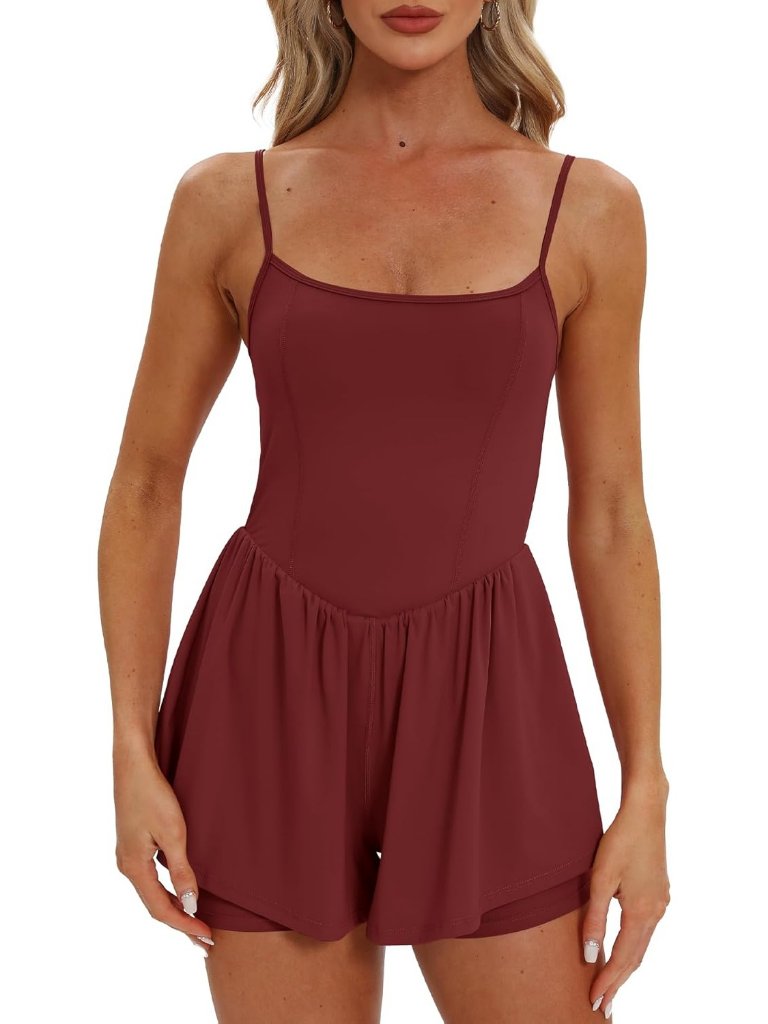 Women's Wine Red Sleeveless Spaghetti Strap Double Lined One Piece Short Romper